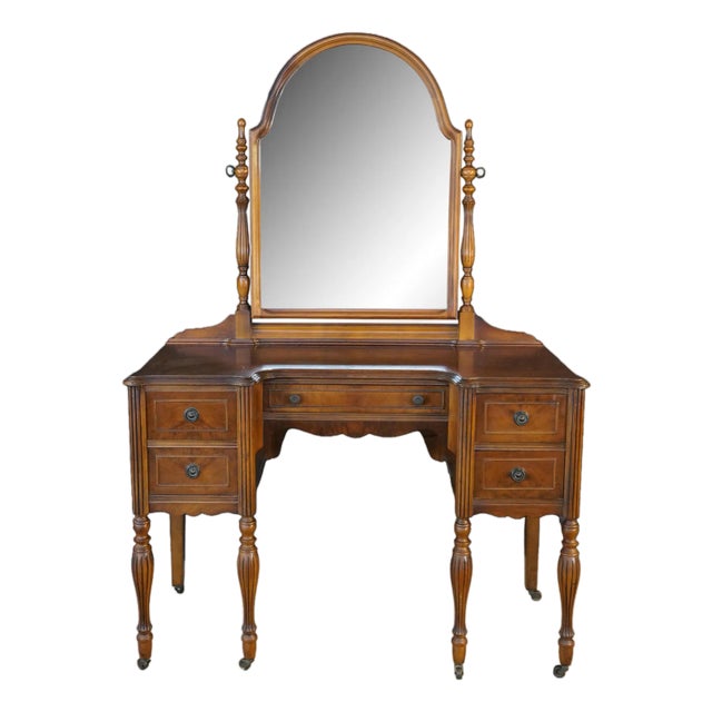 Antique William & Mary Style Walnut Dressing Table Dresser Vanity Mirror For Sale