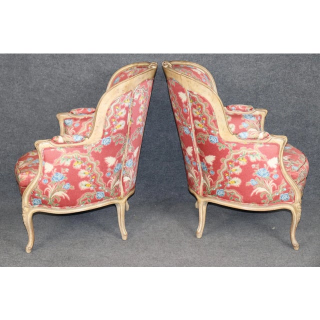 Gorgeous Pair of Paint Decorated Upholstered French Large Bergere Chairs For Sale - Image 4 of 13