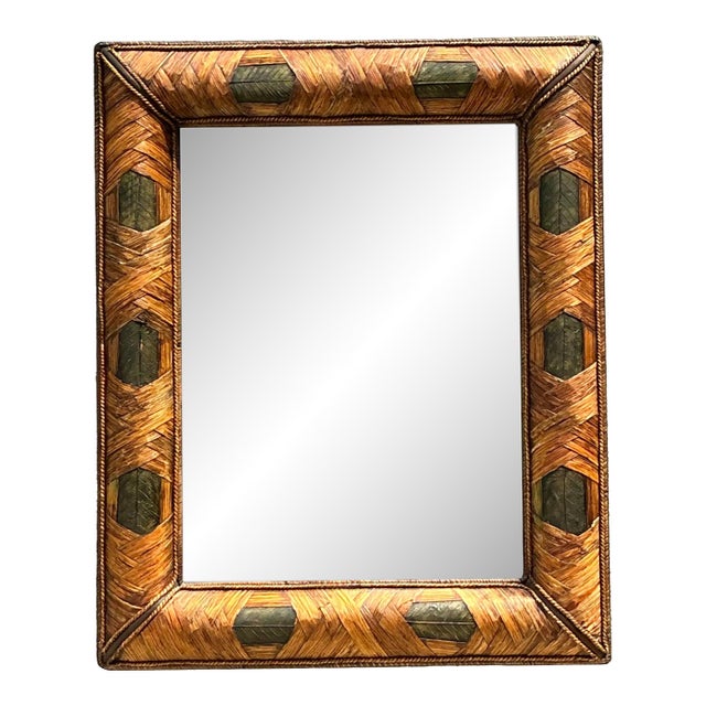 Vintage Wrapped Rattan Brass Leaf Mirror For Sale