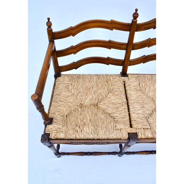 Vintage French Provincial Style Ladder Back Bench Rush Seat For Sale - Image 14 of 16