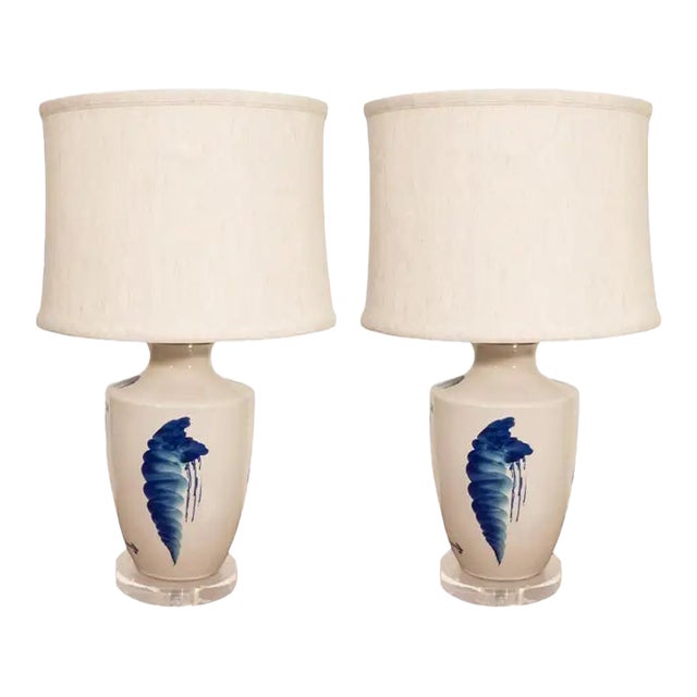 Pair of Blue and White Ceramic Lamps For Sale