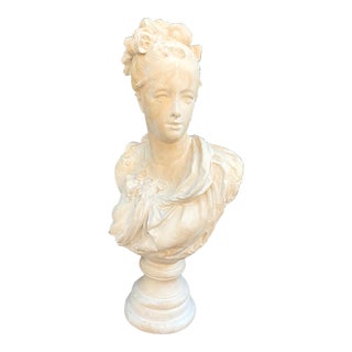 Early 20th Century Plaster Cast Bust of a Young Woman With Flowers by French Artist, Albert Cartier Belluse For Sale