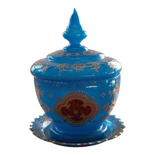 19th Century Antique French Blue Opaline Covered Punch Bowl For Sale