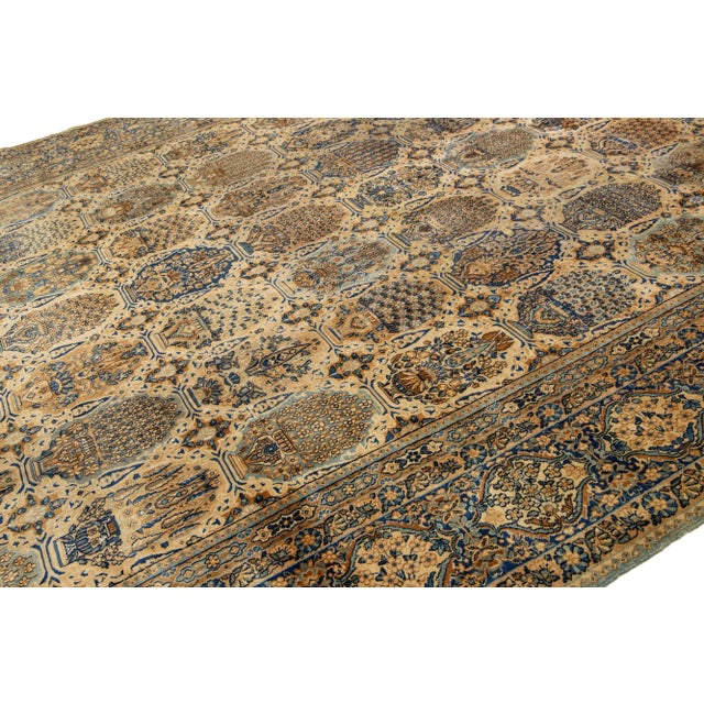 Tan Antique Persian Kerman Wool Rug With Allover Pattern | Chairish