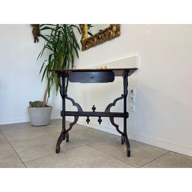 Original restored Art Nouveau side table, brown. Dimensions: Height x Width x Depth 74.5 x 75 x 44 cm. For sale is a very...