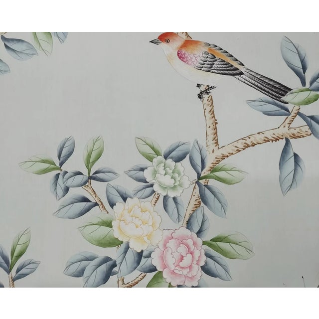 Hand Painted Chinoiserie Wallpaper Mural With Floral Branches, Birds and Botanical Garden Scene For Sale - Image 10 of 11