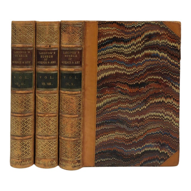 1855 Lardner's Museum of Science and Art Leather and Marbled Paper Books - Set of 3 For Sale