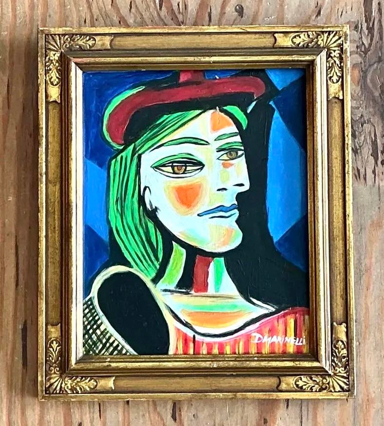 Vintage Cubist Figurative Oil on Board After Picasso - Back view