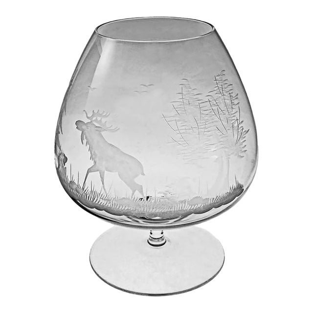 Early 20th Century Crystal Brandy Snifter Etched Moose Extra Large Cognac Glass Brandy Glass Barware Gift For Sale