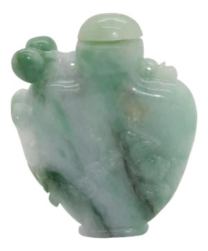 Carved Chinese Green Jade Snuff Bottle With Luyi, Money and Lucky Bat