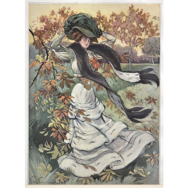This is a matted vintage Art Nouveau fashion print that was originally cover art for a 1907 French magazine. Cover art is...
