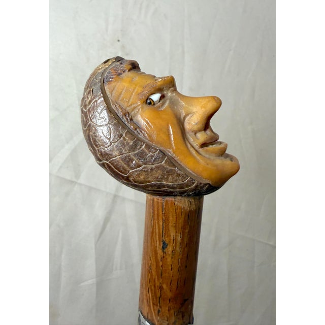 Antique 1800's Hand Carved Nut Wood Sterling Silver Man Face Walking Stick Cane For Sale - Image 11 of 17