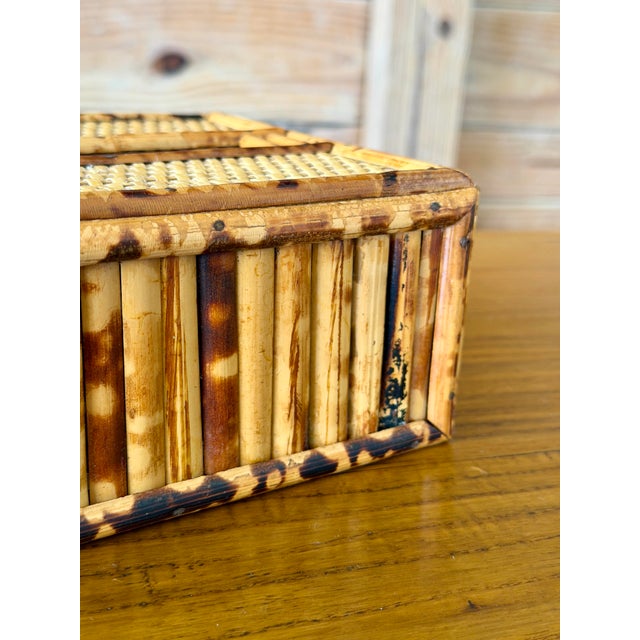 English Vintage Tortoiseshell Bamboo & Woven Rattan Tissue Box Cover For Sale - Image 3 of 11