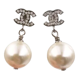 Chanel Silver Crystal CC Faux Pearl Dangle Piercing Earrings - 2 Pieces