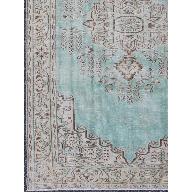 Turkish Vintage Oushak Rug With Aqua Color Background and Brown Highlights For Sale - Image 3 of 8