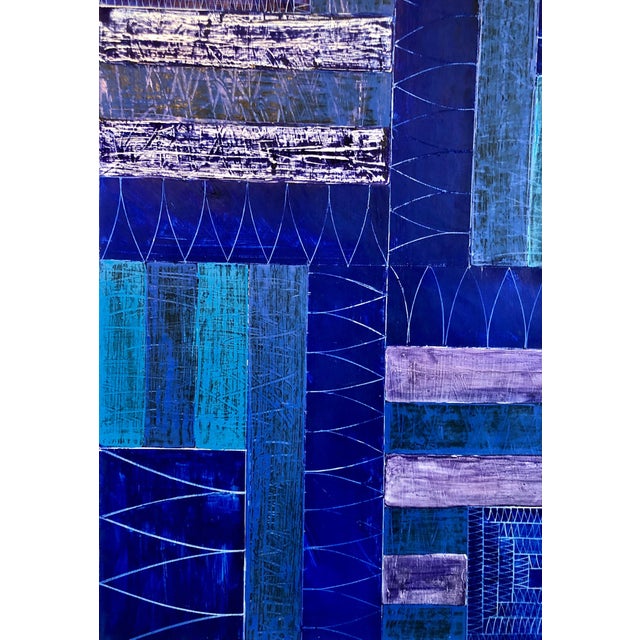 Joan Kahn, Joan Kahn Indigo Denim Blue Color Abstract Expressionist Modernist Oil Painting, c.1980's For Sale - Image 11 of 14