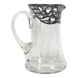 Vintage Art Nouveau Glass Pitcher With Silver Overlay Bar Cocktail Pitcher Silver Rim For Sale