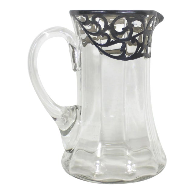 Vintage Art Nouveau Glass Pitcher With Silver Overlay Bar Cocktail Pitcher Silver Rim For Sale