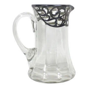 Vintage Art Nouveau Glass Pitcher With Silver Overlay Bar Cocktail Pitcher Silver Rim