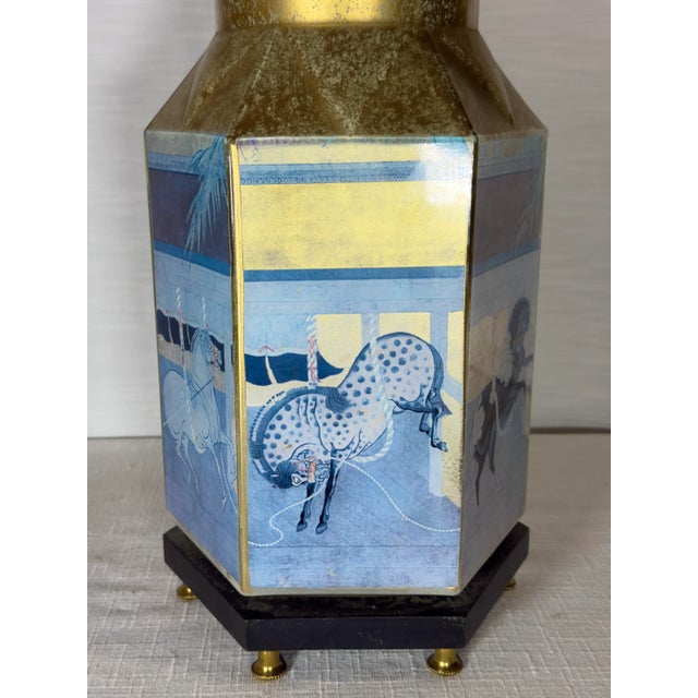 Vintage Chinoiserie Reverse Painted Hexagonal Tang Horse Table Lamp With Bespoke Navy Blue Shade For Sale In Mobile - Image 6 of 12