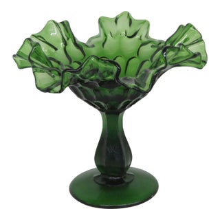 Fenton Green Thumbprint Style Ruffled Pedestal Large Compote Candy Dish 4570b For Sale