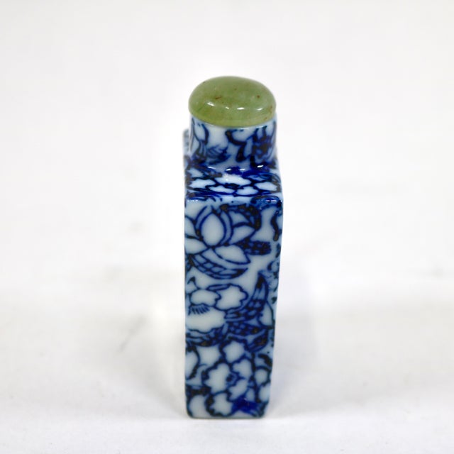 Mid 20th Century Vintage Blue and White Floral Chinese Snuff Bottle With Green Stone Top For Sale - Image 5 of 8