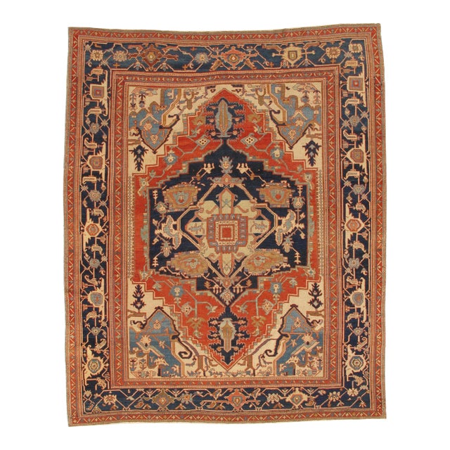 Antique Persian Serapi Carpet Handmade Oriental Rug Light Blue, Ivory, Rusty Red For Sale