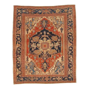 Antique Persian Serapi Carpet Handmade Oriental Rug Light Blue, Ivory, Rusty Red