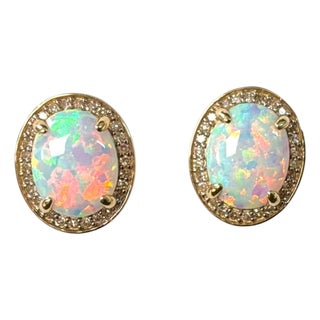 10 Karat Yellow Gold With Oval Opal and Diamond Stud Earrings a Pair For Sale