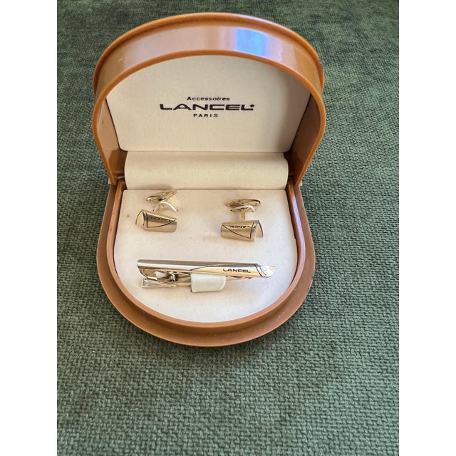 Metal Rare Vintage “Lancel” Paris Gold Plate & Steel Cufflinks & Tie Bar Original Case For Sale - Image 7 of 10