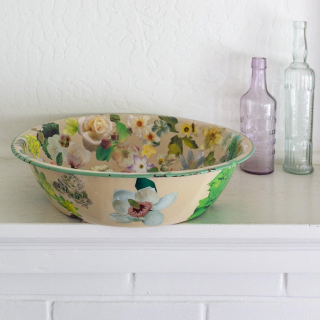 Vintage Floral Decoupage Large Enamelware Bowl For Sale - Image 6 of 12