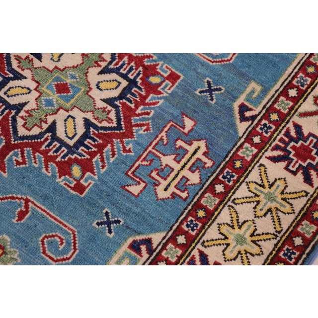 Bohemian Kazak Light Blue/Beige Wool Rug - 3'3''x4'9'' For Sale - Image 4 of 10