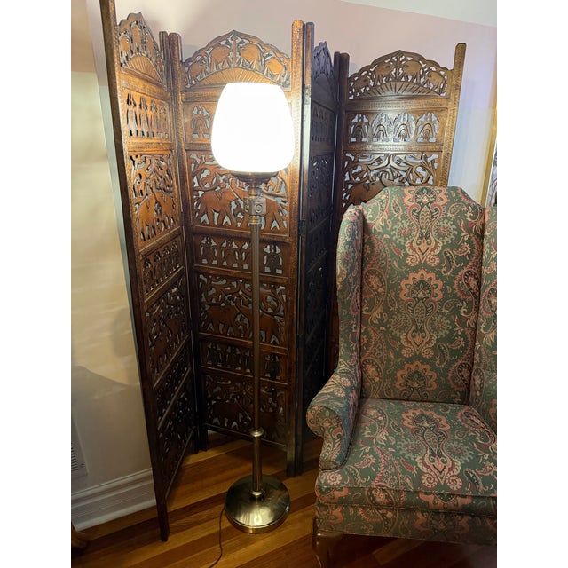 Neoclassical Vintage Ralph Lauren Style Old Money Neoclassical Brass Glass Floor Lamp For Sale - Image 3 of 8