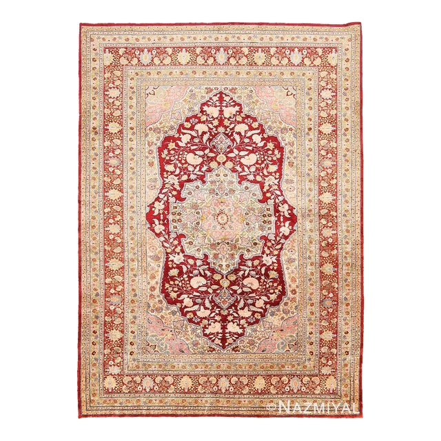 Nazmiyal Collection 1900s Floral Antique Persian Silk Tabriz Area Rug For Sale