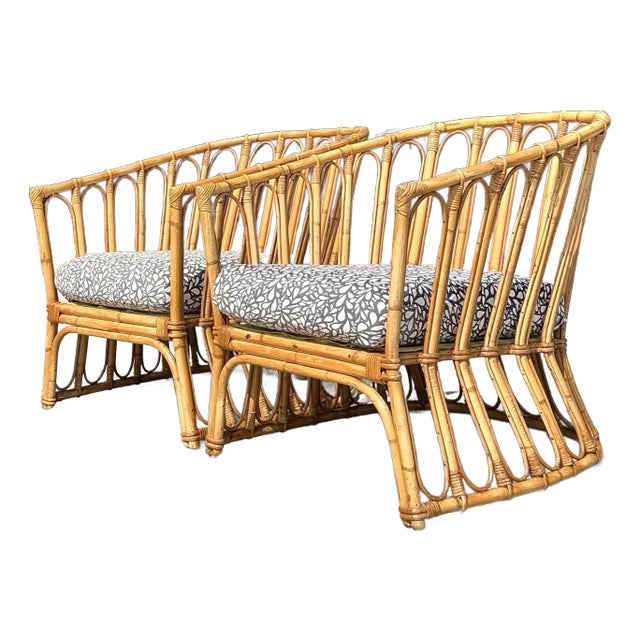 Vintage Coastal Stick Rattan Lounge Chairs After Albini - A Pair For Sale