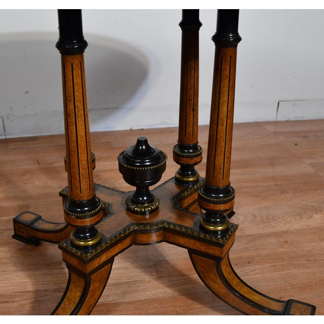 19th Antique Victorian Oval Center Table With Burl Wood Walnut Top & Ebonized Accents For Sale - Image 4 of 16