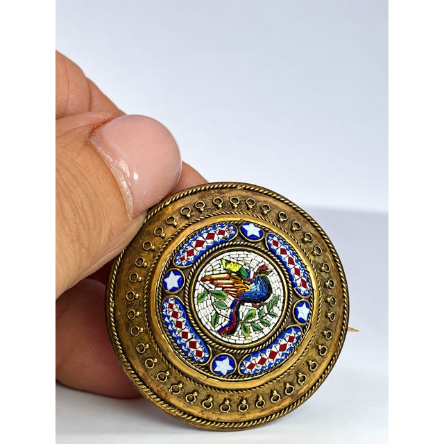 Glass Victorian Micromosaic Brooch, Brass or 9k Gold, Italy, Circa 1890 For Sale - Image 7 of 8