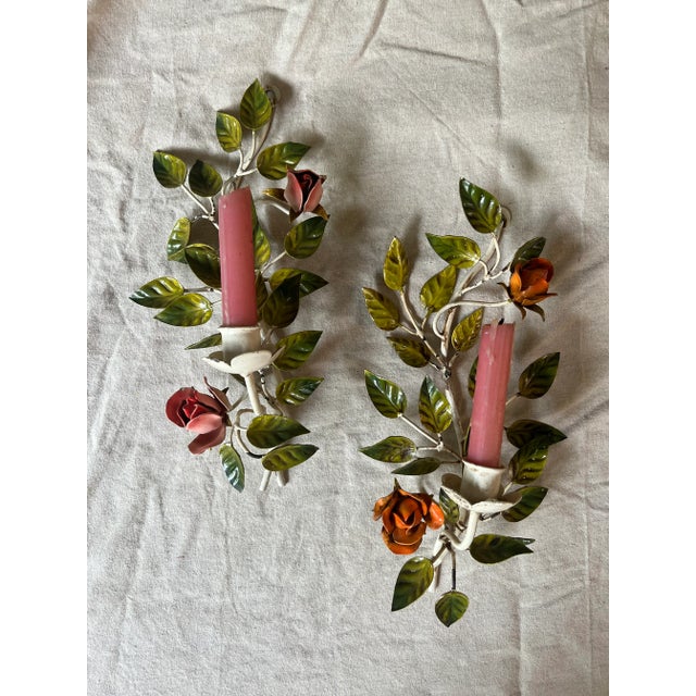 Vintage Italian Floral Rose Tole Wall Mounted Candle Holder - a Pair For Sale - Image 11 of 12