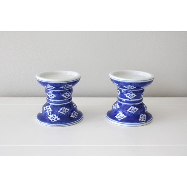 Cobalt Blue And White Ceramic Pillar Candle Holders A Pair