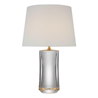 Julie Neill by Visual Comfort Signature Figlia 27" Cordless V-Cut Round Table Lamp in Crystal with Linen Shade For Sale