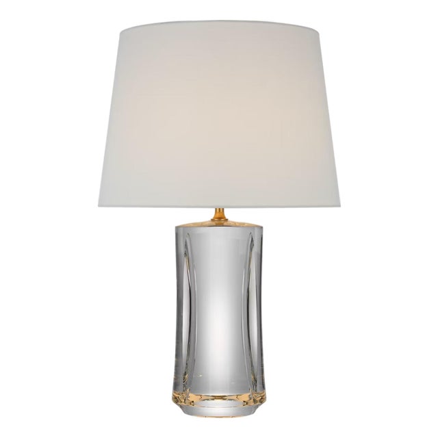 Julie Neill by Visual Comfort Signature Figlia 27" Cordless V-Cut Round Table Lamp in Crystal with Linen Shade For Sale