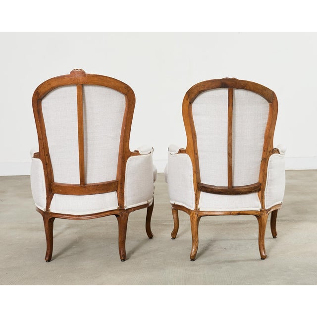 Pair of French Louis XV Style Walnut Bergeres With Linen For Sale - Image 18 of 18