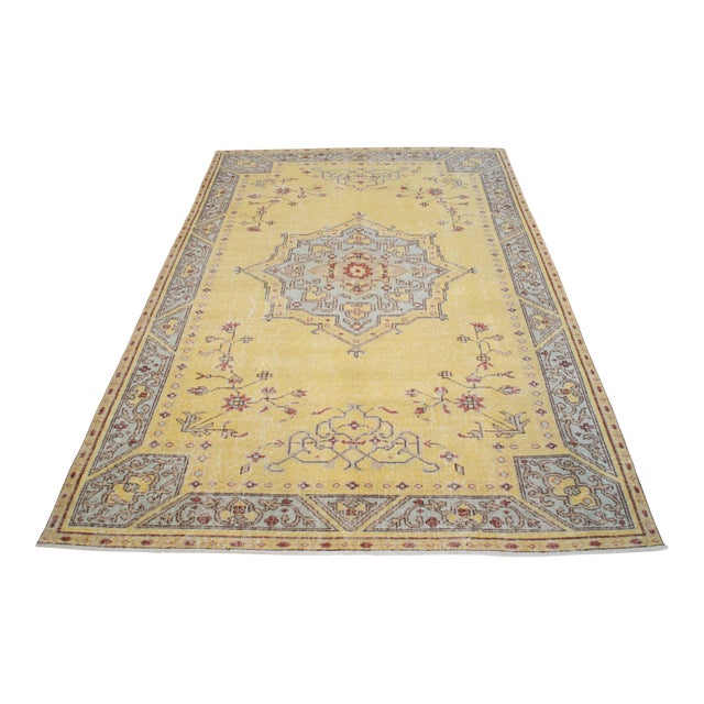 Hand Knotted Yellow Oushak Carpet Medallion Pattern Turkish Rug - 5′1″ × 7′9″ For Sale