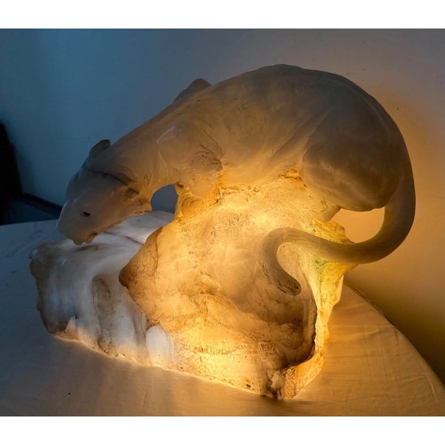 1910s Huge Antique Hand Carved Alabaster Stone Big Tiger Cat Lamp Sculpture Statue For Sale - Image 10 of 14