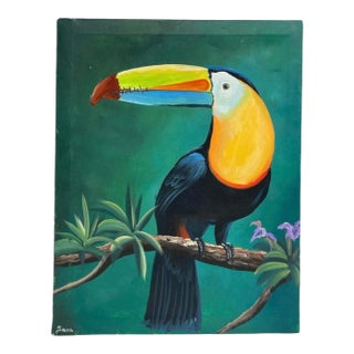 1980s Signed Tropical Toucan Painting on Canvas For Sale