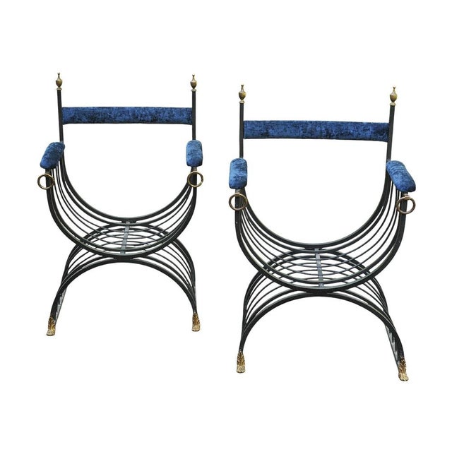 Metal Mid-Century Modern Savonarola Chairs with Blue Velvet Upholstery, 1960s, Set of 2 For Sale - Image 7 of 11
