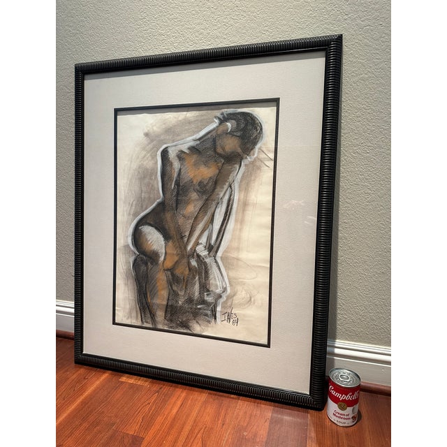 Art Deco Vintage Signed 1984 Large Art Deco Style Charcoal and Pastel Drawing of a Female Figure For Sale - Image 3 of 10