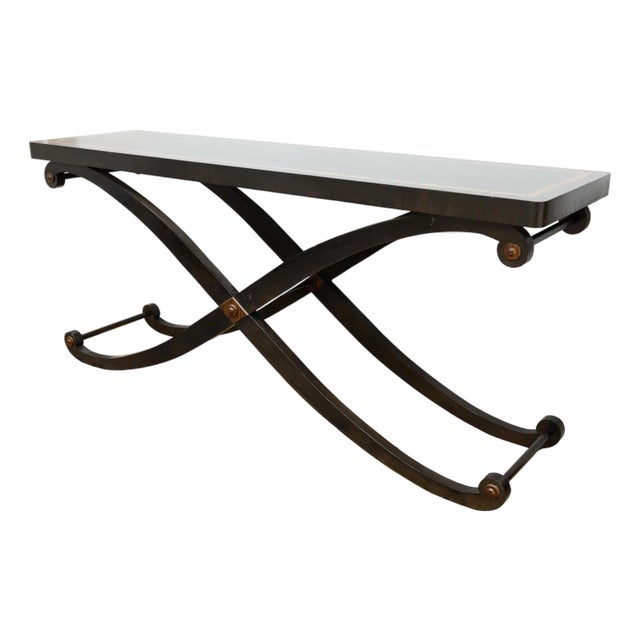 Large Rectangular Curved Wood Console Table With Cross Legs For Sale