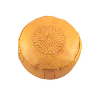 Moroccan Yellow Leather Pouf Ottoman For Sale