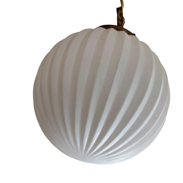 1950s Art Deco MCM Brass Gold Ribbed Round Frosted White Globe Pendant Lights Fixtures - A Pair For Sale - Image 9 of 12